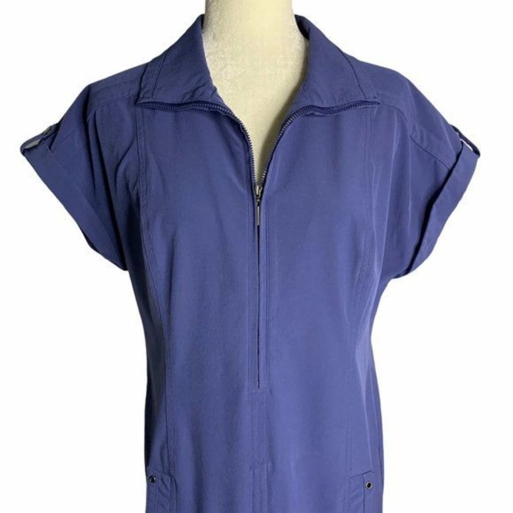 Peck Peck Weekend Half Zip Shirt Dress M Blue Short Sleeve Pockets Collared - Picture 2 of 9